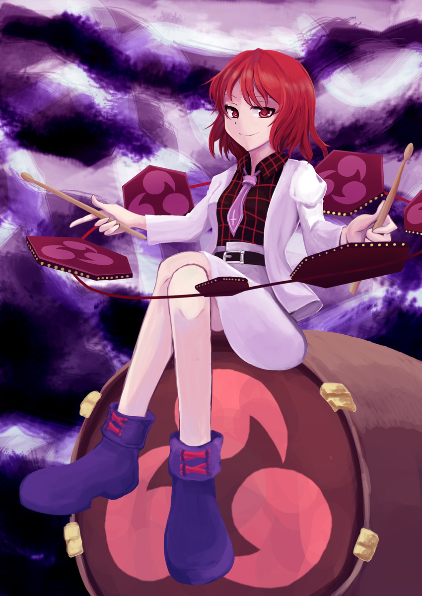 absurdres drum drumsticks highres horikawa_raiko instrument komakinyan mitsudomoe_(shape) necktie purple_neckwear red_eyes red_hair short_hair sitting sitting_on_drum sitting_on_object smile solo tomoe_(symbol) touhou