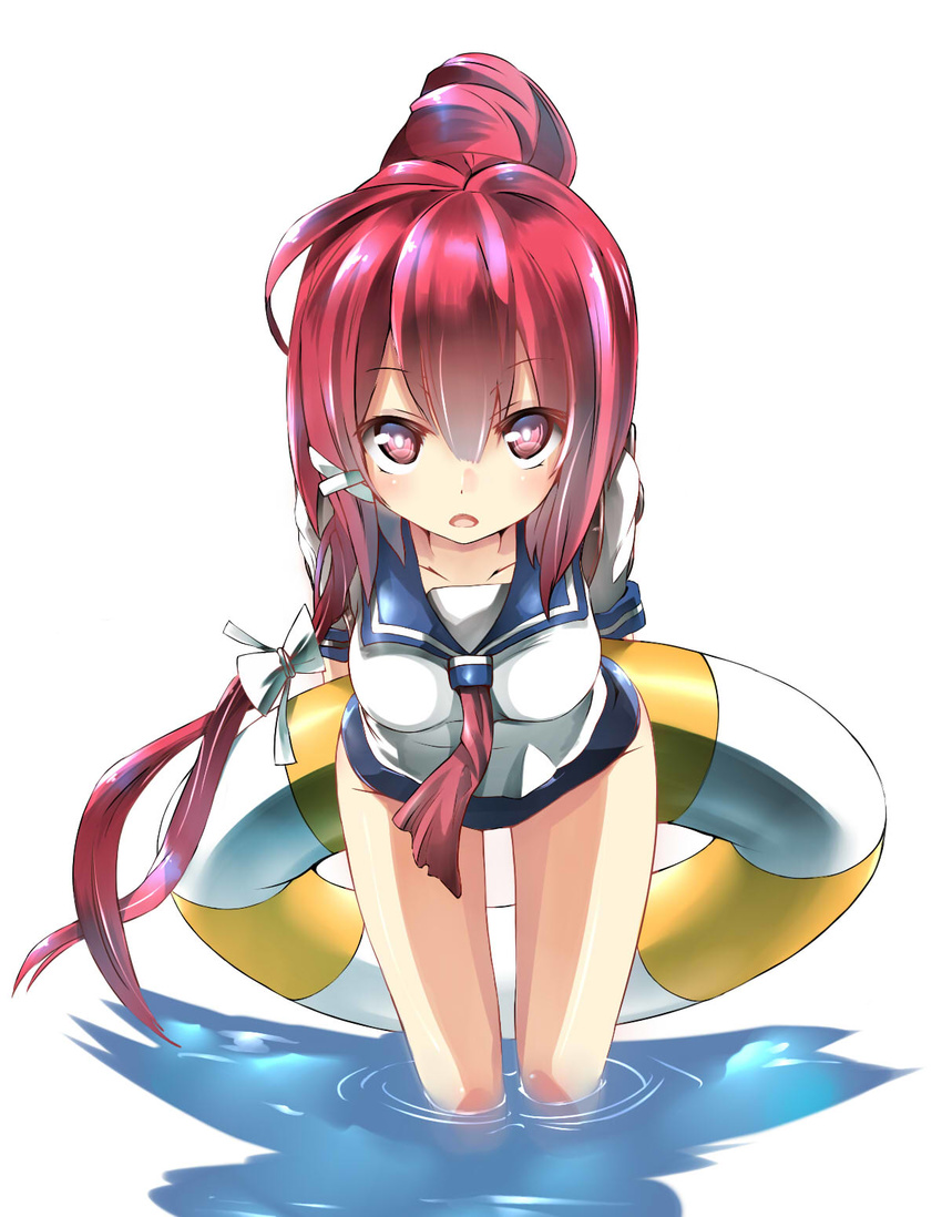 arms_behind_back blush hair_ribbon highres i-168_(kantai_collection) innertube kantai_collection leaning_forward long_hair looking_at_viewer open_mouth ponytail red_eyes red_hair ribbon school_swimsuit school_uniform serafuku solo swimsuit swimsuit_under_clothes unomi