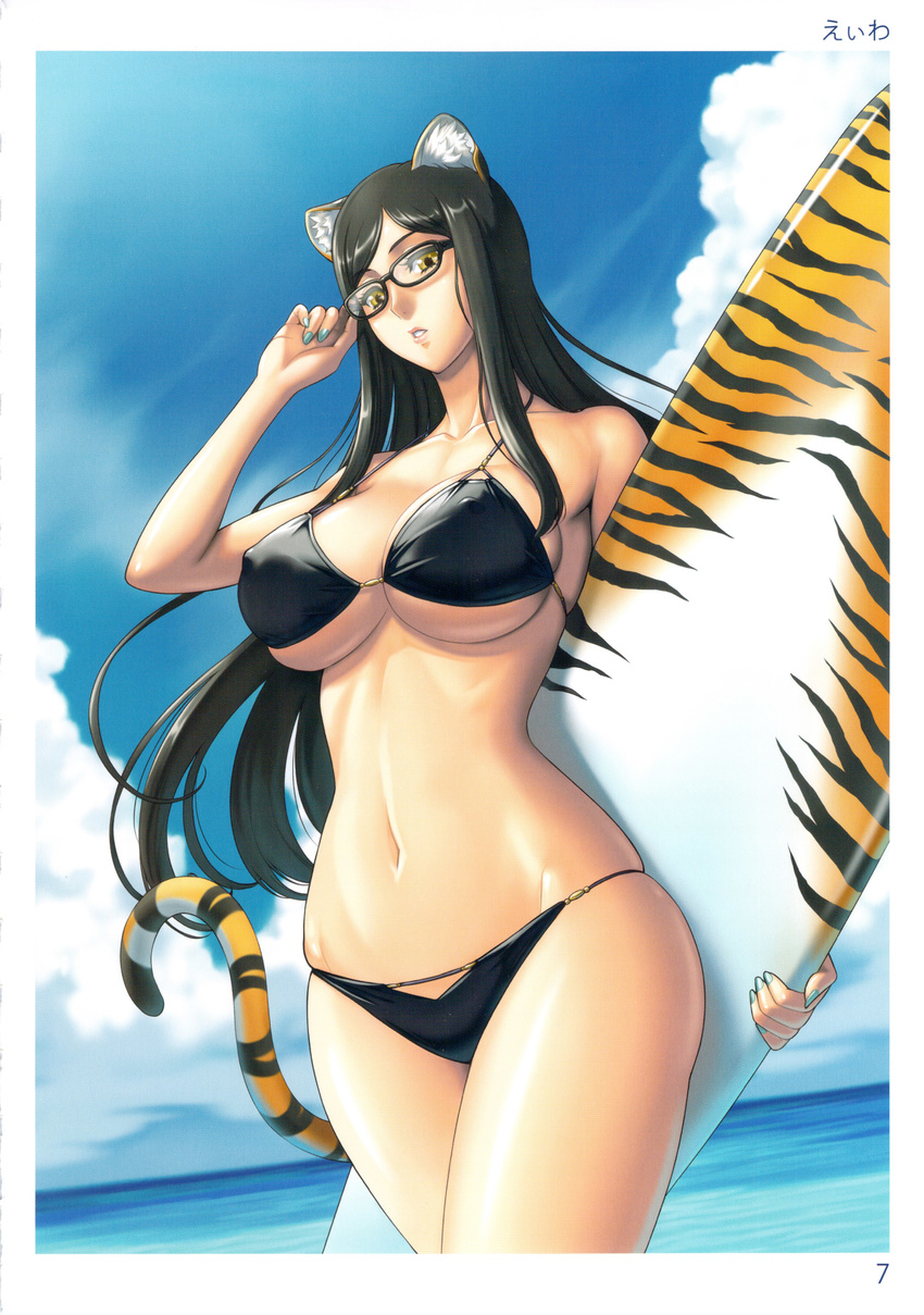 absurdres adjusting_eyewear animal_ears animal_print beach bikini black_bikini black_hair breasts cleavage collarbone day eiwa fingernails glasses highres large_breasts lips long_hair nail_polish non-web_source ocean original outdoors parted_lips scan shiny shiny_skin skindentation solo surfboard swimsuit tail tiger_ears tiger_print tiger_tail toranoana water yellow_eyes