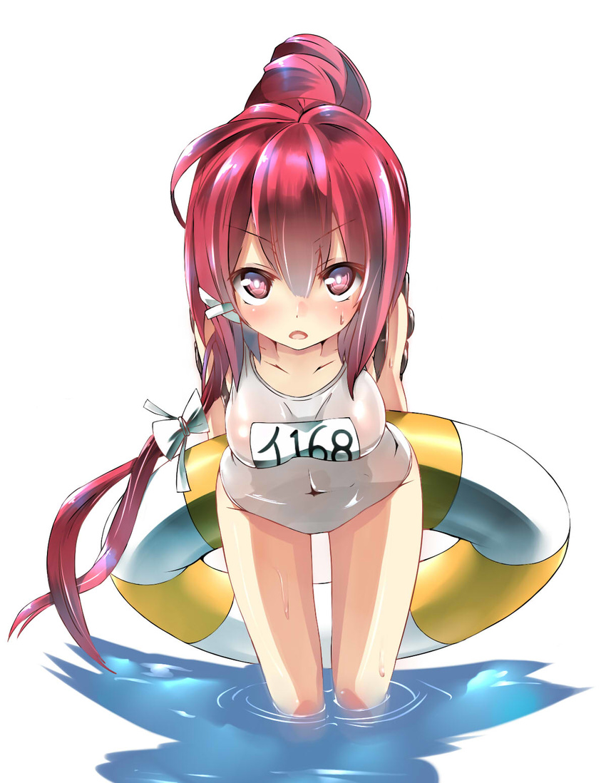 arms_behind_back blush hair_ribbon highres i-168_(kantai_collection) innertube kantai_collection leaning_forward long_hair looking_at_viewer one-piece_swimsuit open_mouth ponytail red_eyes red_hair ribbon school_swimsuit solo sweatdrop swimsuit unomi