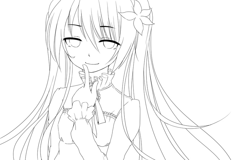 absurdres finger_to_mouth greyscale hatsune_miku highres lineart long_hair mikoko_(mg2) monochrome smile solo twintails vocaloid