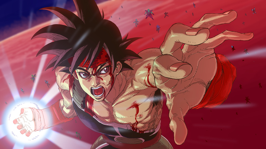 armor bardock black_hair blood broken_armor brown_eyes charging daromeon dragon_ball dragon_ball_z energy_ball headband injury male_focus muscle open_mouth planet shouting solo_focus spiked_hair