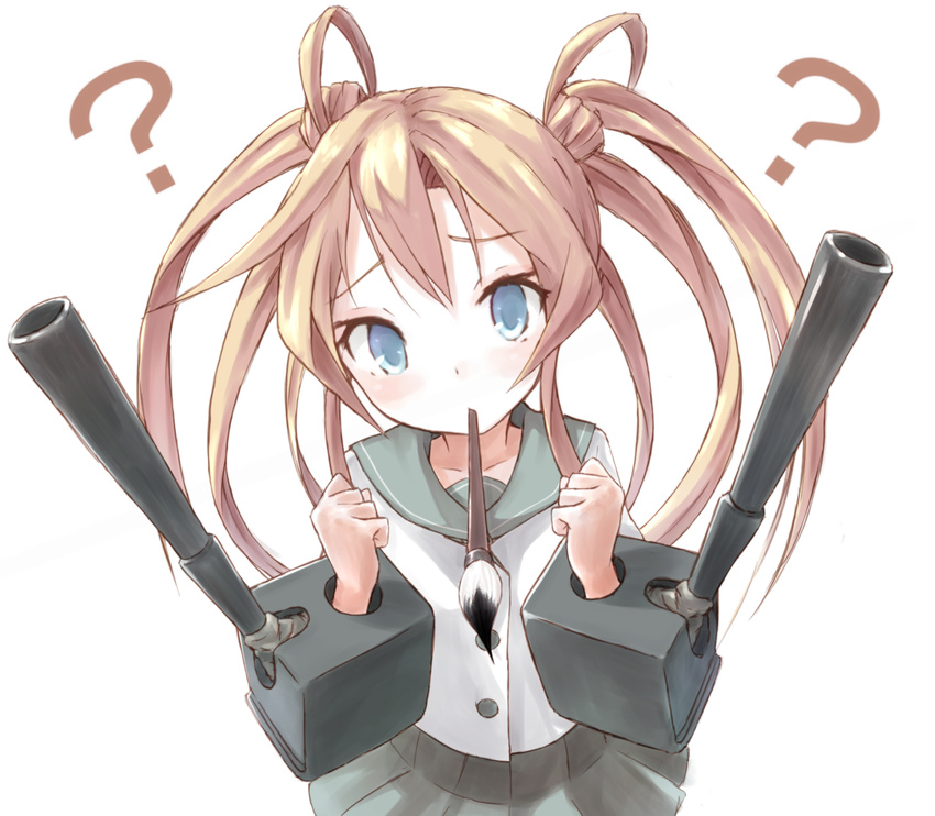 ? abukuma_(kantai_collection) bad_id bad_pixiv_id blue_eyes brown_hair buran_(kure) calligraphy_brush kantai_collection long_hair mouth_hold paintbrush simple_background solo white_background