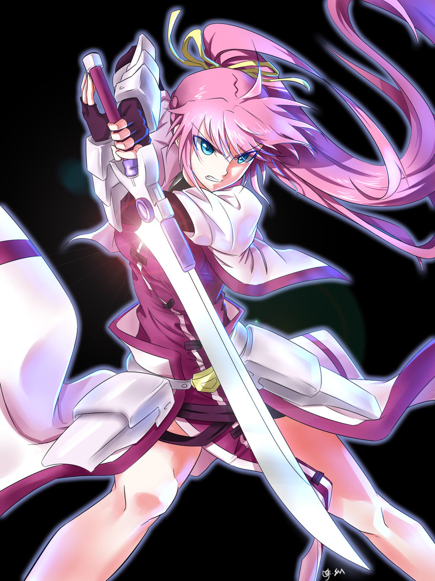 ahoge black_background blue_eyes breasts clenched_teeth faulds fingerless_gloves gauntlets gloves hair_ribbon highres levantine long_hair lyrical_nanoha mahou_shoujo_lyrical_nanoha mahou_shoujo_lyrical_nanoha_a's medium_breasts pink_hair ponytail puffy_sleeves ribbon signature signum simple_background sm318 solo sword teeth weapon