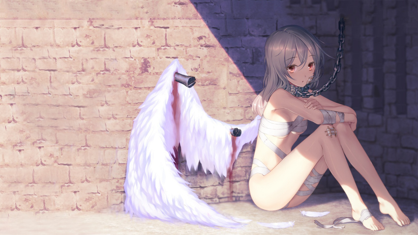 angel bandage bandaid blood chain collar feathers long_hair nude red_eyes white_hair wings