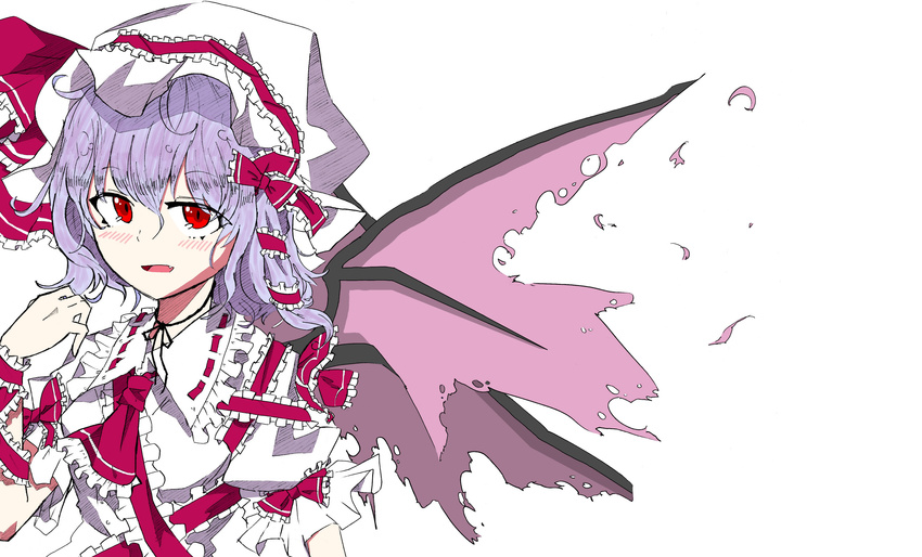 absurdres ascot bow colorized frills hat highres looking_at_viewer open_mouth purple_hair red_eyes remilia_scarlet short_hair simple_background solo tetrapod_(saifon) touhou white_background