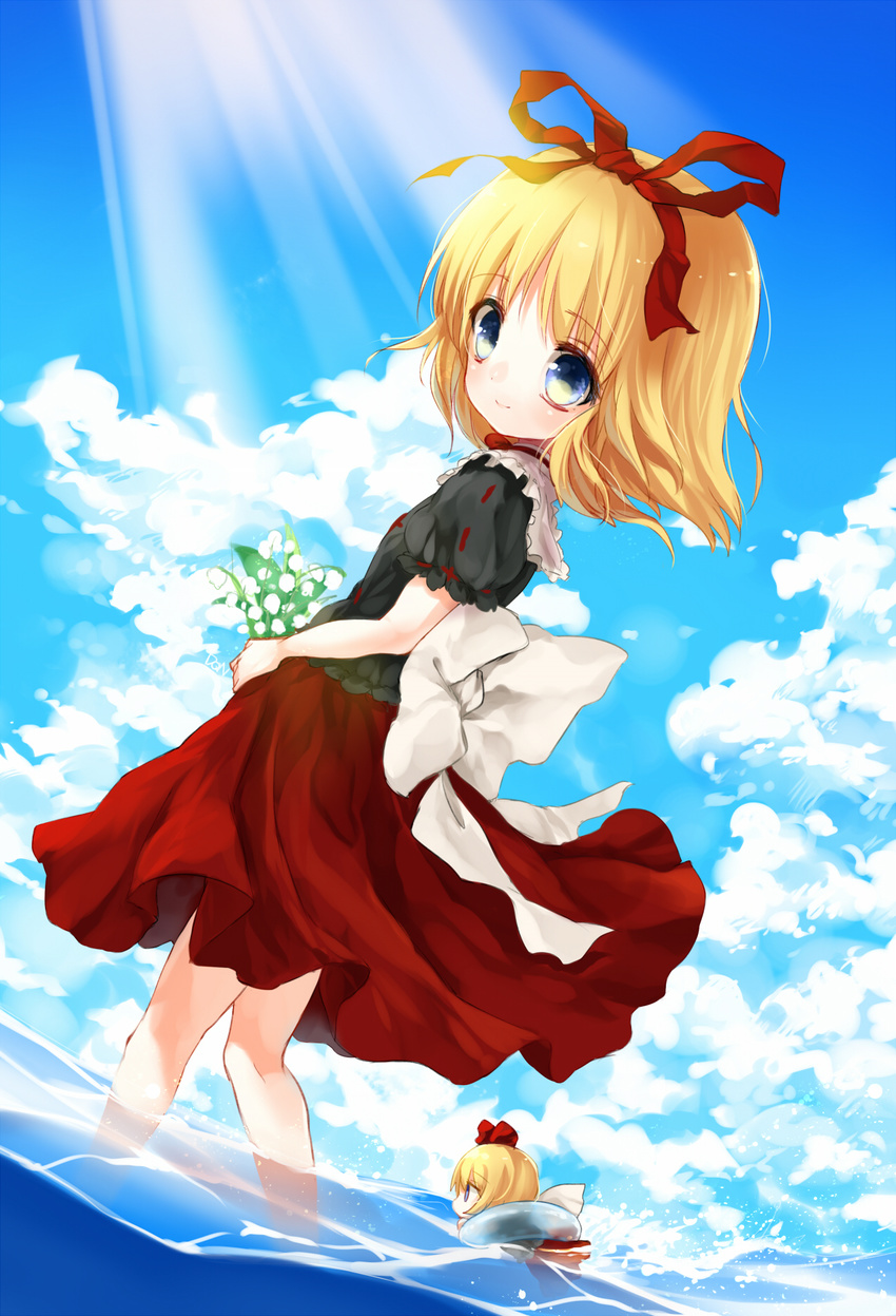 afloat blonde_hair blue_eyes cloud day dqn_(dqnww) flower hair_ornament hair_ribbon highres holding holding_flower innertube light lily_of_the_valley looking_at_viewer medicine_melancholy puffy_sleeves ribbon shirt short_hair short_sleeves skirt sky smile solo su-san swimming touhou water