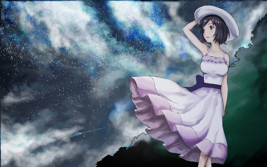 black_hair dress hanekawa_tsubasa hat monogatari_(series) nekomonogatari night night_sky pei_(uenosin10) short_hair sky solo wind