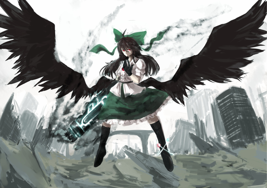 :| alternate_weapon arm_cannon bird_wings black_legwear black_wings blank_stare boots brown_hair cape closed_mouth full_body gloves green_skirt highres kirisame_tarou long_hair red_eyes reiuji_utsuho shirt simple_background skirt solo touhou weapon white_shirt wings