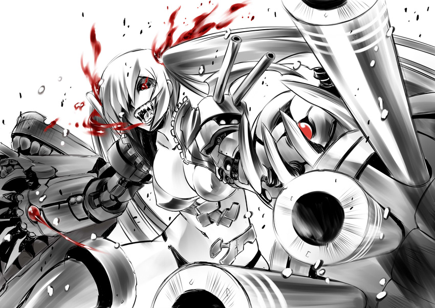 bikini breasts breathing_fire claws cleavage collarbone fire highres kantai_collection large_breasts long_hair mechanical_arms navel open_mouth red_eyes saliva senomoto_hisashi sharp_teeth shinkaisei-kan solo southern_ocean_war_oni spot_color swimsuit teeth turret twintails very_long_hair