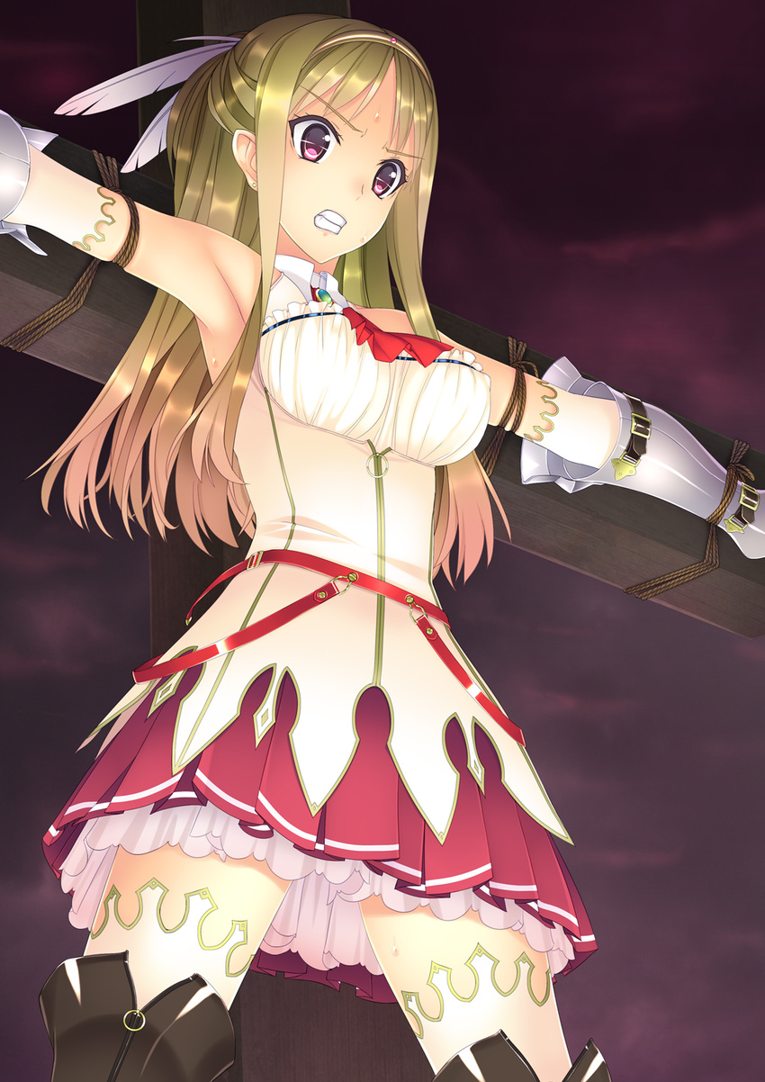 armor bdsm blonde_hair bondage boots bound crucifixion dress f-ism highres long_hair murakami_suigun petticoat red_eyes solo thigh_boots thighhighs white_legwear