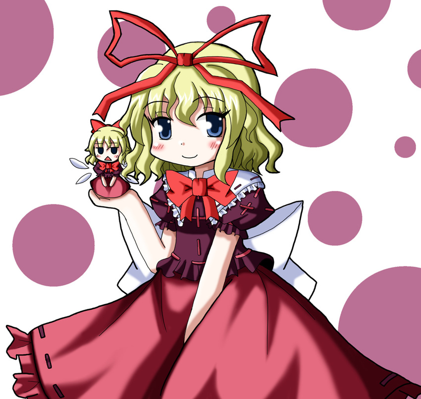 :&lt; between_legs blonde_hair blouse blue_eyes blush_stickers bow hair_ribbon hand_between_legs hand_up haneinu looking_at_viewer medicine_melancholy polka_dot polka_dot_background puffy_short_sleeves puffy_sleeves ribbon short_hair short_sleeves simple_background skirt smile solo su-san touhou triangle_mouth wings