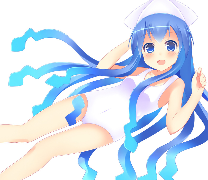 bad_id bad_pixiv_id blue_eyes blue_hair blush gradient_hair hat ikamusume kurono_nekomaru long_hair looking_at_viewer multicolored_hair one-piece_swimsuit open_mouth shinryaku!_ikamusume simple_background solo swimsuit tentacle_hair white_background white_swimsuit