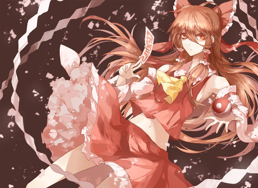 ascot bad_id bad_pixiv_id bare_shoulders bow brown_eyes brown_hair detached_sleeves gohei hair_bow hair_tubes hakurei_reimu long_hair long_sleeves looking_at_viewer midriff navel petticoat raito47 shirt skirt skirt_set solo spell_card touhou very_long_hair wide_sleeves wind wind_lift yin_yang