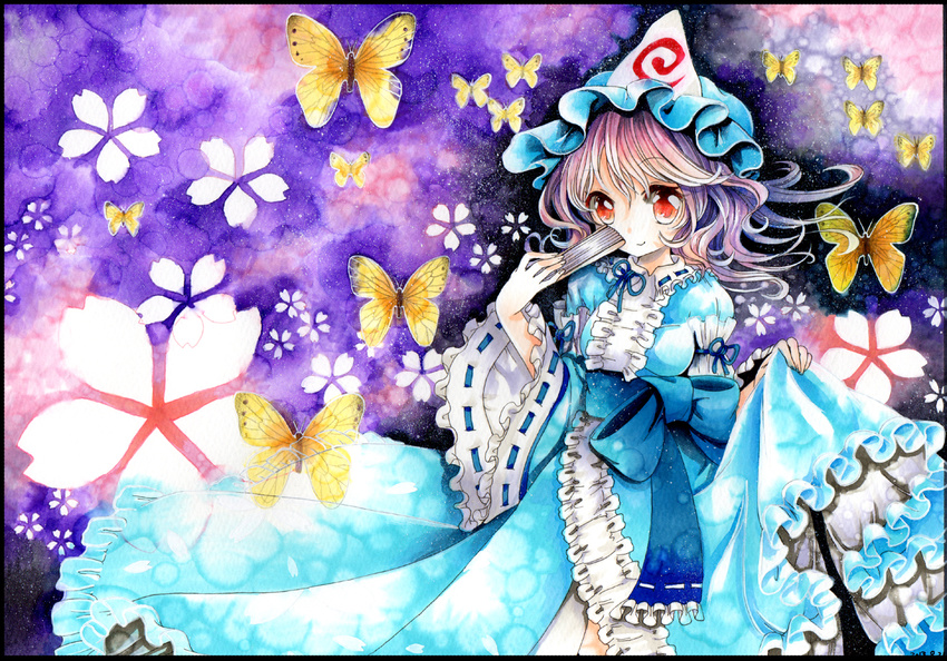 breasts bug butterfly dress fan flower hat insect japanese_clothes long_sleeves looking_at_viewer mob_cap mosho obi pink_hair red_eyes ribbon saigyouji_yuyuko sash short_hair small_breasts smile touhou traditional_media triangular_headpiece watercolor_(medium) wide_sleeves
