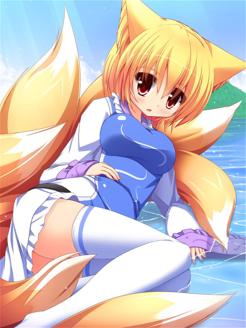 absurdres animal_ears blonde_hair breasts dress fang fox_tail highres liya long_sleeves lying medium_breasts multiple_tails no_hat no_headwear open_mouth red_eyes short_hair smile solo tabard tail thighhighs touhou water white_legwear wide_sleeves yakumo_ran