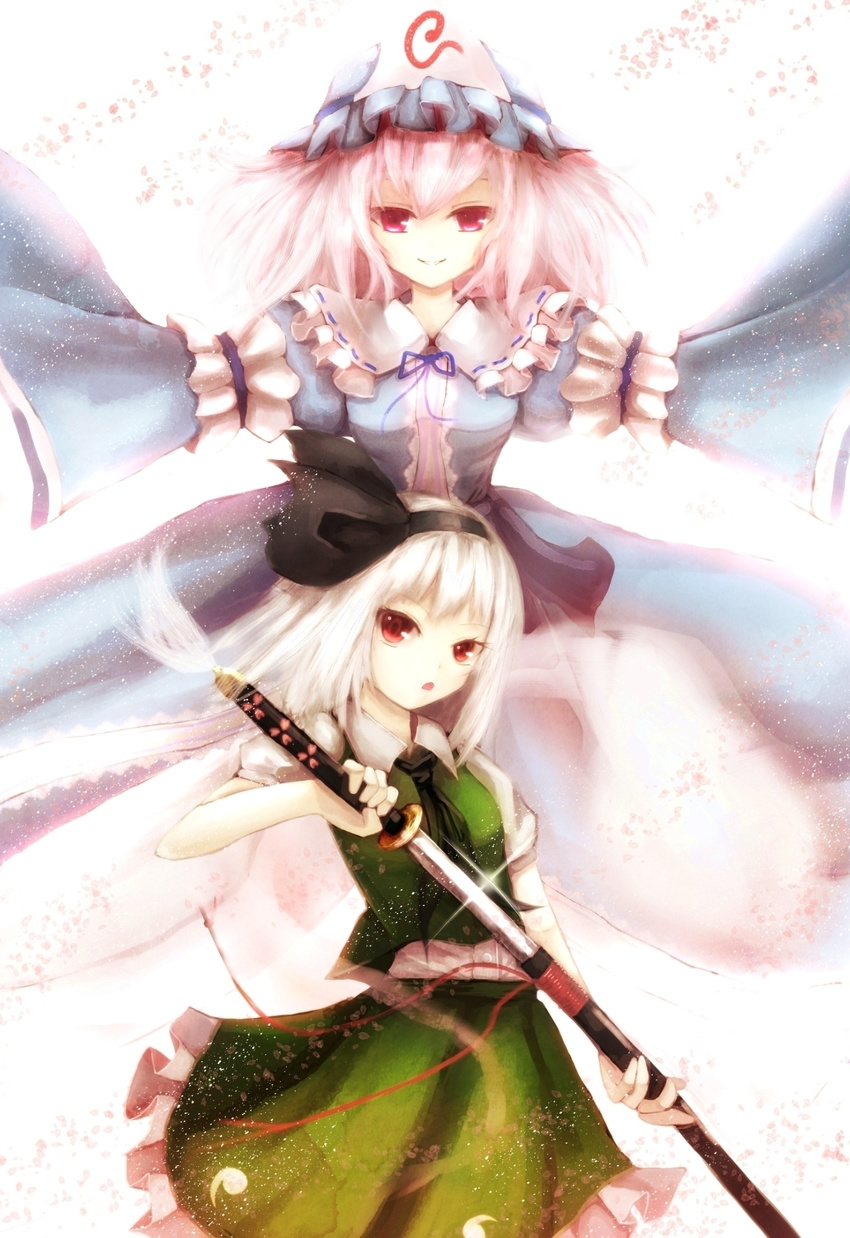 bad_id bad_pixiv_id basilis9 blush breasts hat highres hitodama japanese_clothes katana konpaku_youmu konpaku_youmu_(ghost) long_sleeves medium_breasts multiple_girls obi outstretched_arms pink_eyes pink_hair red_eyes ribbon saigyouji_yuyuko sash scabbard sheath short_hair short_sleeves skirt smile sword touhou triangular_headpiece vest weapon wide_sleeves