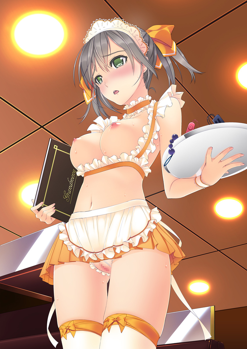 anal_beads apron areolae bangs blush bow bow_legwear breastless_clothes breasts ceiling ceiling_light censored choker crotchless_panties fingernails frills from_below green_eyes grey_hair hair_between_eyes hair_bow highres indoors lace-trimmed_apron lace-trimmed_choker lace_trim medium_breasts menu midriff miniskirt mosaic_censoring murakami_suigun navel nipples panties parted_lips pleated_skirt pussy remote_control_vibrator sex_toy short_twintails skirt solo sweat tareme tears torogao twintails underwear vibrator waitress white_legwear