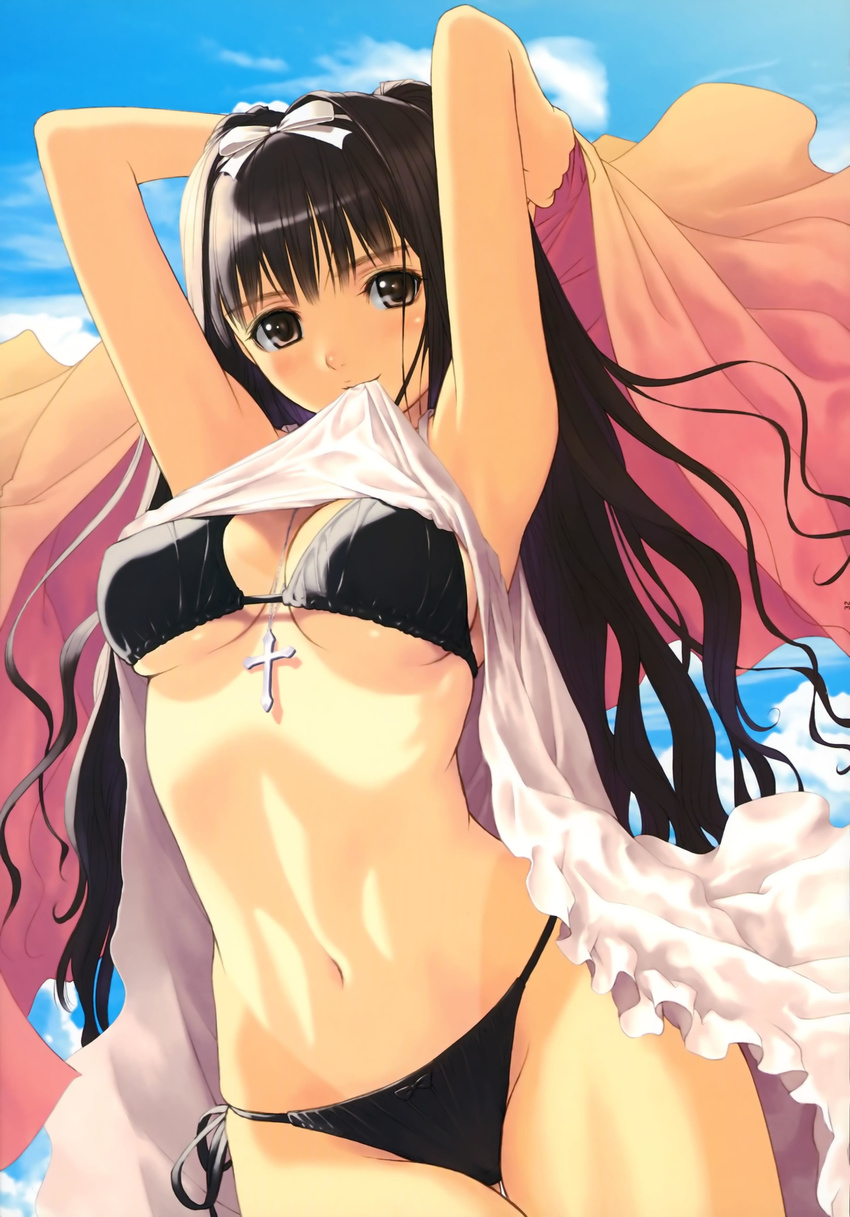 1girl absurdres armpits arms_up belly bikini black_bikini black_hair blue_sky blush bow breasts cleavage cloud cross cross_necklace dress dress_lift female hair_bow hair_intakes highres jewelry long_hair looking_at_viewer midriff mound_of_venus mouth_hold navel necklace side-tie_bikini silver_eyes sky smile solo sundress swimsuit swimsuit_under_clothes t2_art_works tan tanaka_takayuki tanline thigh_gap towel underboob white_dress