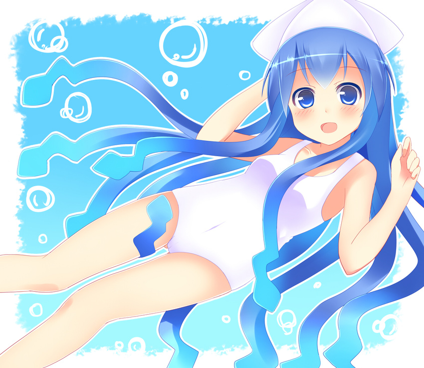 bad_id bad_pixiv_id blue_background blue_eyes blue_hair blush gradient_hair hat ikamusume kurono_nekomaru long_hair looking_at_viewer multicolored_hair one-piece_swimsuit open_mouth shinryaku!_ikamusume solo swimsuit tentacle_hair white_swimsuit