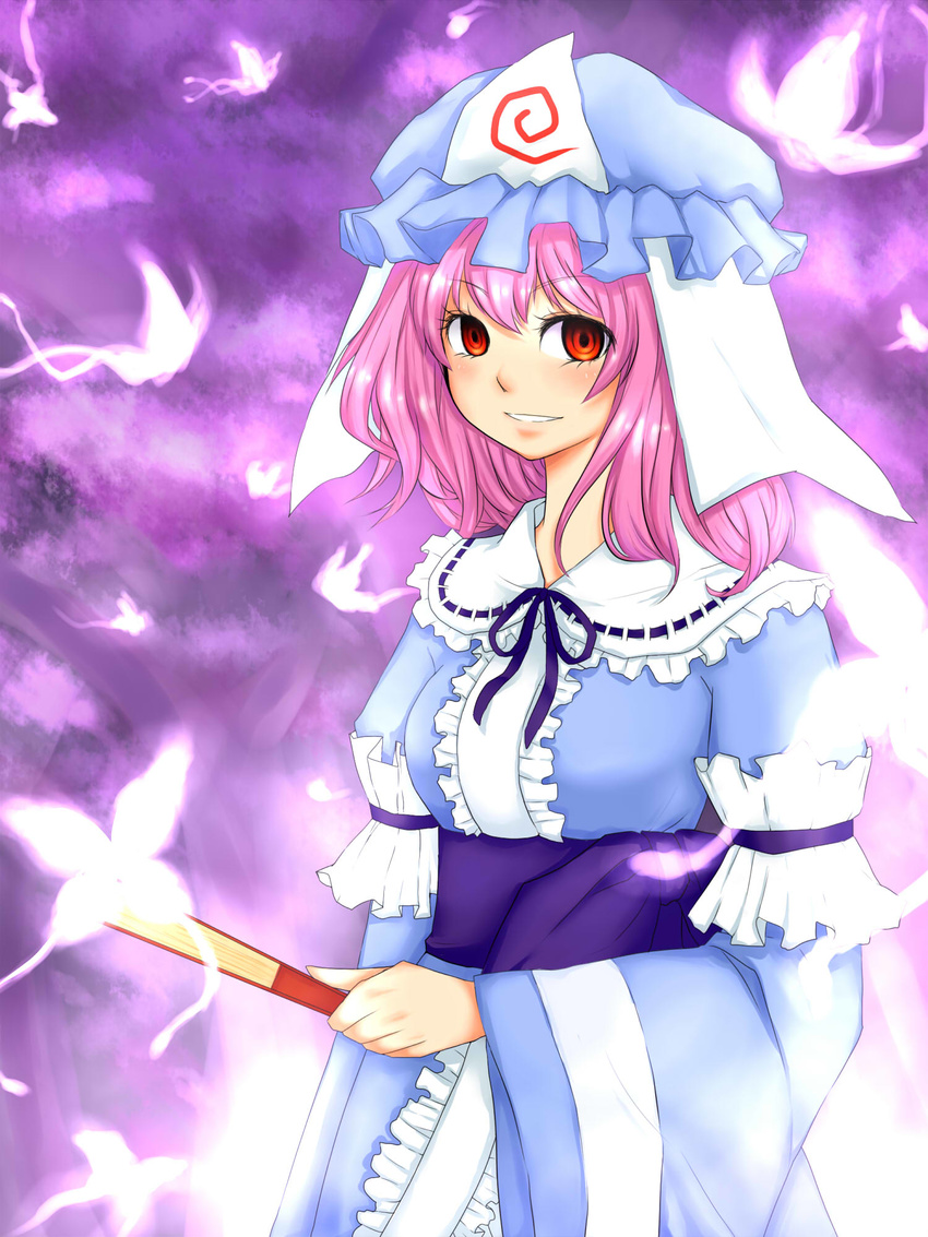 blue_dress blue_hat bug butterfly closed_fan dress fan folding_fan ghost hat highres insect japanese_clothes long_sleeves obi pink_hair purple_background red_eyes saigyouji_yuyuko sash solo touhou trfsan triangular_headpiece