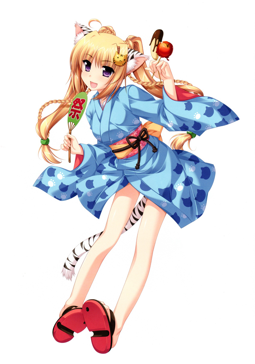 :d absurdres alpha_(yukai_na_nakamatachi) animal_ears blonde_hair braid candy_apple chocolate_banana copyright_request fan food highres japanese_clothes kimono legs open_mouth paper_fan purple_eyes simple_background smile tail tiger_ears tiger_tail twintails uchiwa yukata