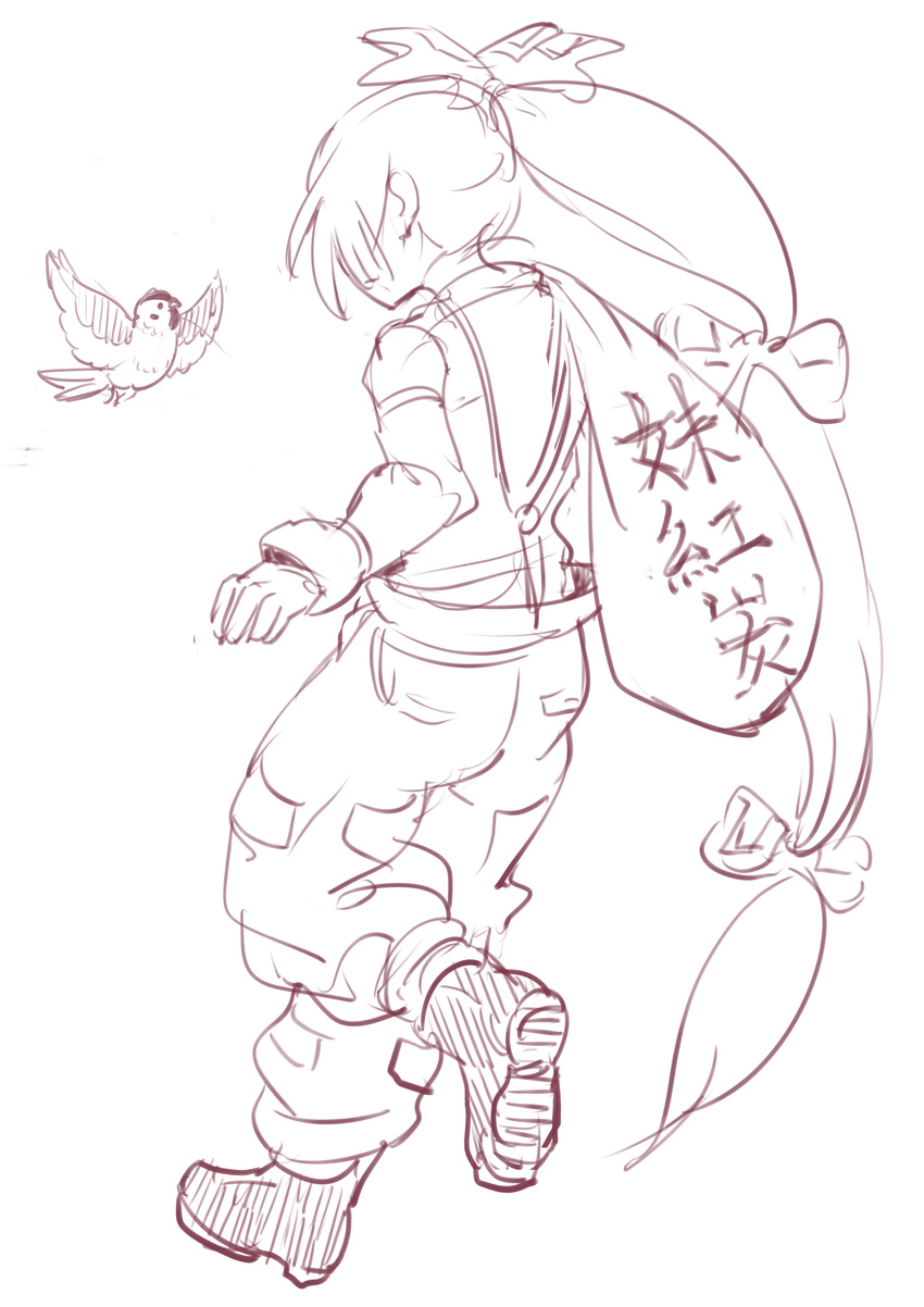 absurdres bad_id bad_pixiv_id bird carrying eurasian_tree_sparrow from_behind fujiwara_no_mokou highres kurohane long_hair monochrome ponytail sack solo sparrow touhou walking