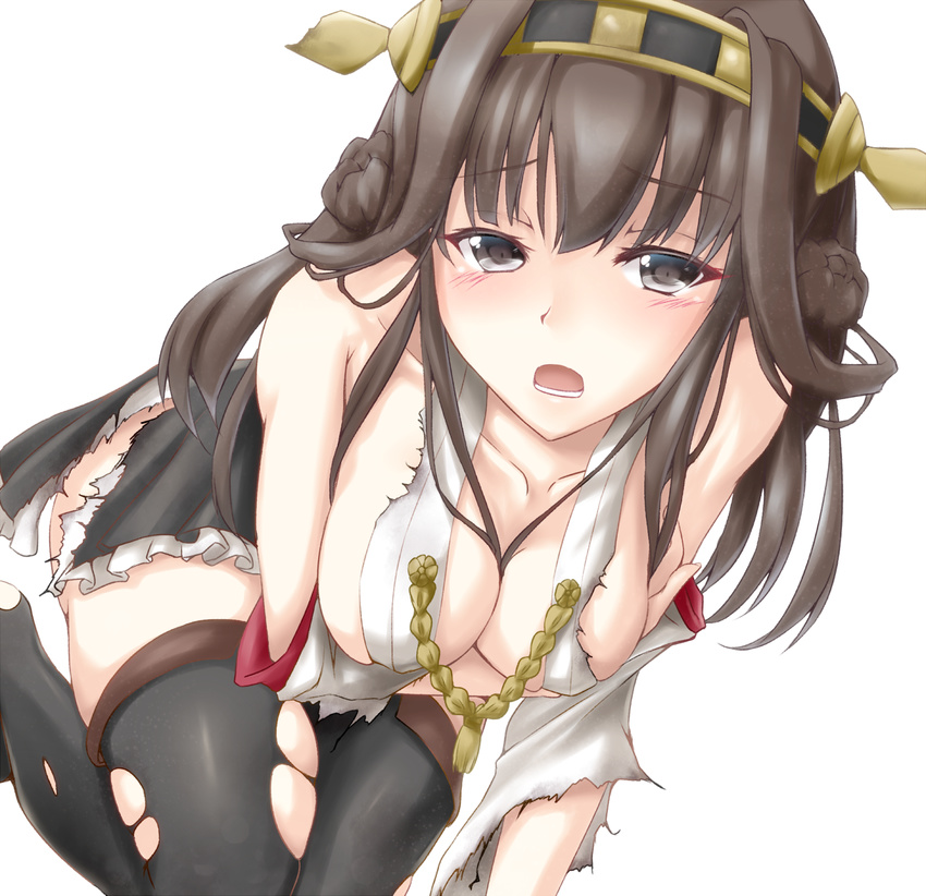 asahi_(ge_nyu) braid breast_hold breasts brown_eyes brown_hair cleavage close-up detached_sleeves hairband highres japanese_clothes kantai_collection kongou_(kantai_collection) medium_breasts open_mouth solo tears thighhighs torn_clothes