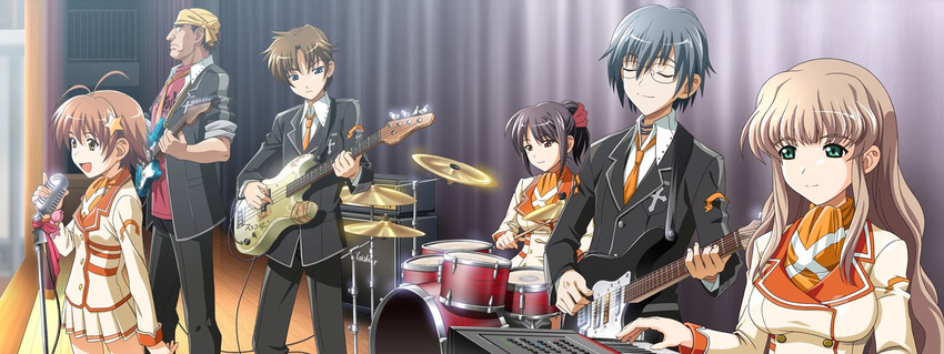 3boys 3girls blue_eyes brown_eyes brown_hair drum drums eyes_closed game_cg glasses green_eyes guitar hair_ornament highres instrument isurugi_chie kashiwara_sarina katakura_shinji kira_kira maejima_shikanosuke multiple_boys multiple_girls murakami orange_eyes purple_hair pussy shiino_kirari side_ponytail tonoya_kenta