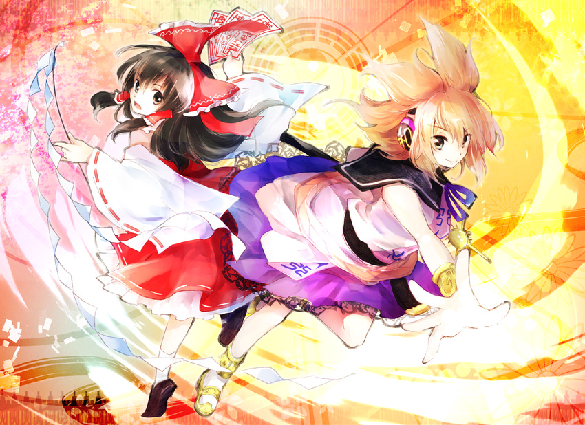 anklet ba_gua belt black_hair blonde_hair blue_eyes bow bracelet brown_eyes cherry_blossoms chrysanthemum detached_sleeves dress earmuffs flower gohei hair_bow hair_tubes hakurei_reimu highres jewelry leg_up long_hair looking_at_viewer looking_back makuwauri multicolored multicolored_background multiple_girls ofuda open_hand open_mouth outstretched_arm sandals shoes skirt skirt_set sleeveless sleeveless_dress smile socks sword tiptoes touhou toyosatomimi_no_miko trigram weapon yin_yang