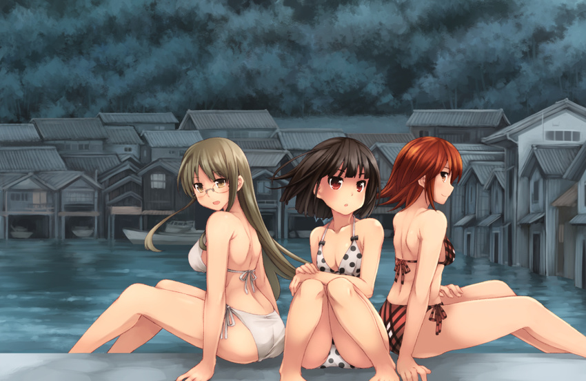 :o akatsuki_miho akemiho_tabi_nikki barefoot bikini black_hair blush boat breasts brown_eyes brown_hair fukube_tamaki glasses kouno_hikaru large_breasts long_hair looking_at_viewer multiple_girls ocean oribe_shiori polka_dot polka_dot_bikini polka_dot_swimsuit red_eyes red_hair short_hair side-tie_bikini sitting smile swimsuit water watercraft white_bikini