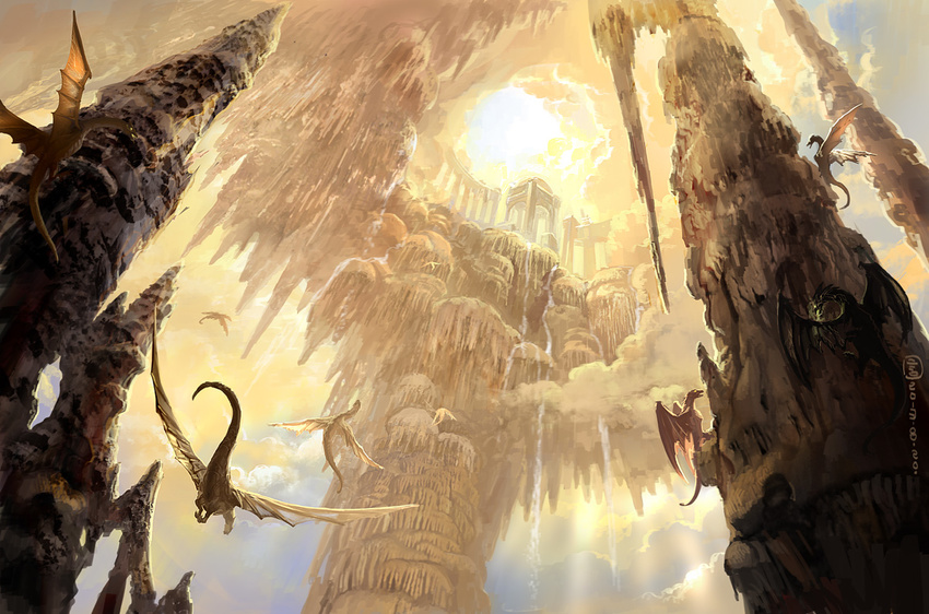 column dragon fantasy glowing glowing_eyes mugon no_humans original pillar scenery sky stalactite stalagmite