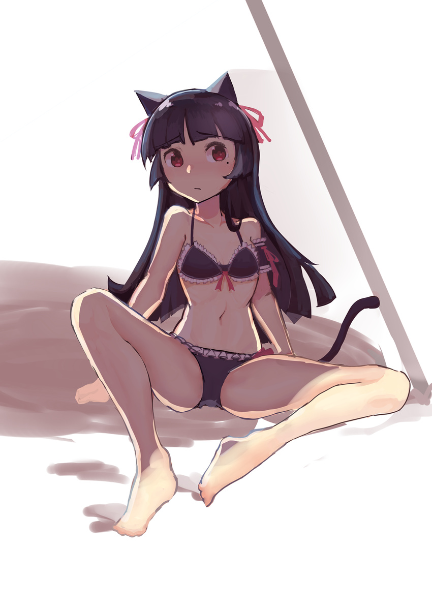 ameya_shioichi animal_ears barefoot bikini black_hair cat_ears gokou_ruri highres long_hair mole mole_under_eye navel ore_no_imouto_ga_konna_ni_kawaii_wake_ga_nai red_eyes shade sitting sketch solo spread_legs swimsuit tail umbrella