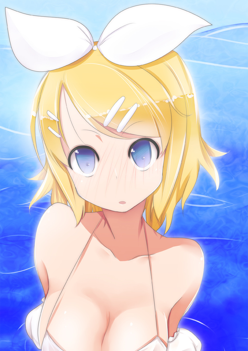 alternate_breast_size bikini blonde_hair blue_eyes blush breasts cleavage collarbone hair_ribbon highres huge_breasts kagamine_rin looking_at_viewer open_mouth pon_(shind_997) ribbon short_hair solo swimsuit upper_body vocaloid white_bikini