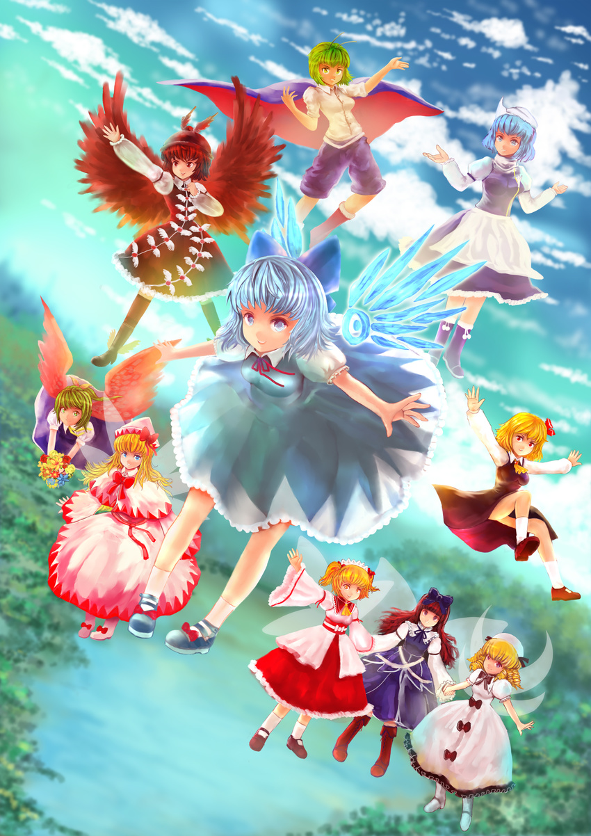 blonde_hair blurry boots bouquet capelet cirno cloud daiyousei depth_of_field dress fairy fatherland2009 floating flower flying from_above full_body highres ice ice_wings lake letty_whiterock lily_white luna_child multiple_girls mystia_lorelei rumia short_hair sky star_sapphire sunny_milk team_9 touhou wings wriggle_nightbug