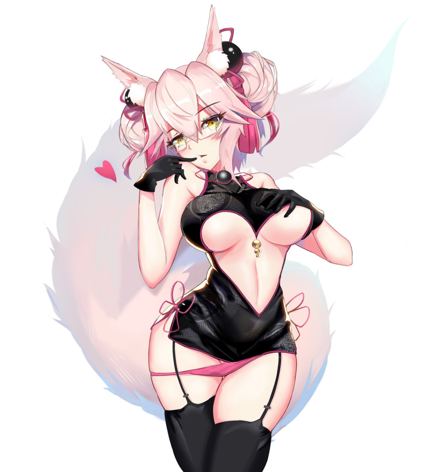 1girl alternate_hairstyle animal_ear_fluff animal_ears bare_shoulders black_gloves black_legwear breasts china_dress chinese_clothes collarbone dress fate/grand_order fate_(series) fox_ears fox_tail glasses gloves heart highres koyanskaya kuroha_(rockluo213) large_breasts looking_at_viewer open_mouth panties pink_hair pink_panties simple_background solo tail tamamo_(fate)_(all) underboob underwear white_background yellow_eyes