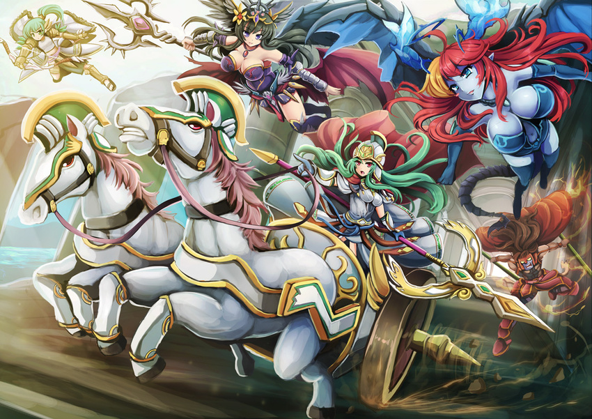 4girls ares_(p&amp;d) artemis_(p&amp;d) athena_(p&amp;d) bare_shoulders black_hair blue_skin blush_stickers bow_(weapon) breasts brown_hair chariot dual_wielding goushou green_eyes green_hair helmet hera-is_(p&amp;d) hera_(p&amp;d) holding horse large_breasts multiple_girls outstretched_arms persephone_(p&amp;d) polearm ponytail purple_eyes puzzle_&amp;_dragons red_eyes red_hair smile spear tiara weapon wings