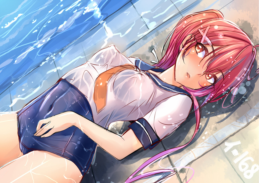 akasaai blush breasts covered_nipples hair_ribbon i-168_(kantai_collection) kantai_collection long_hair looking_at_viewer lying medium_breasts one-piece_swimsuit ponytail red_eyes red_hair ribbon school_swimsuit school_uniform serafuku solo swimsuit swimsuit_under_clothes water wet