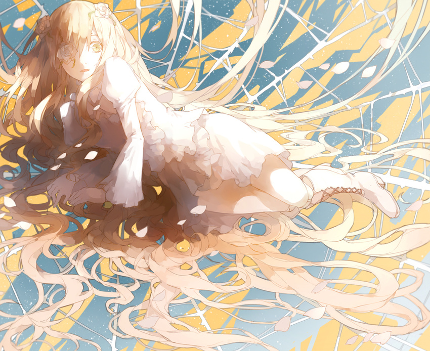 arm_support blonde_hair boots dress eyepatch flower hair_flower hair_ornament kirakishou knee_boots lolita_fashion long_hair lying nine_(liuyuhao1992) on_side rose rozen_maiden solo very_long_hair yellow_eyes