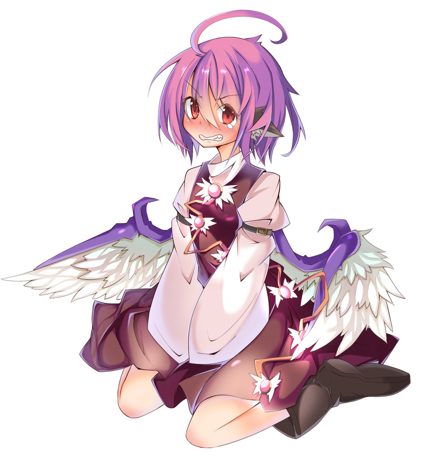 ahoge annoyed blush boots buckle clenched_teeth full-face_blush full_body highres mystia_lorelei pink_hair red_eyes rurisakura short_hair sitting sleeves_past_wrists solo tears teeth touhou v_arms wariza white_background wide_sleeves wings