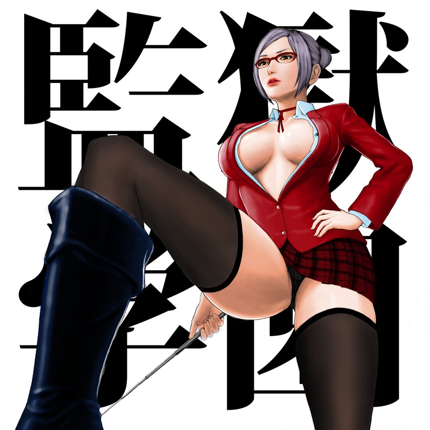 artist_request breasts cleavage glasses kangoku_gakuen large_breasts panties prison_school shiraki_meiko solo underwear