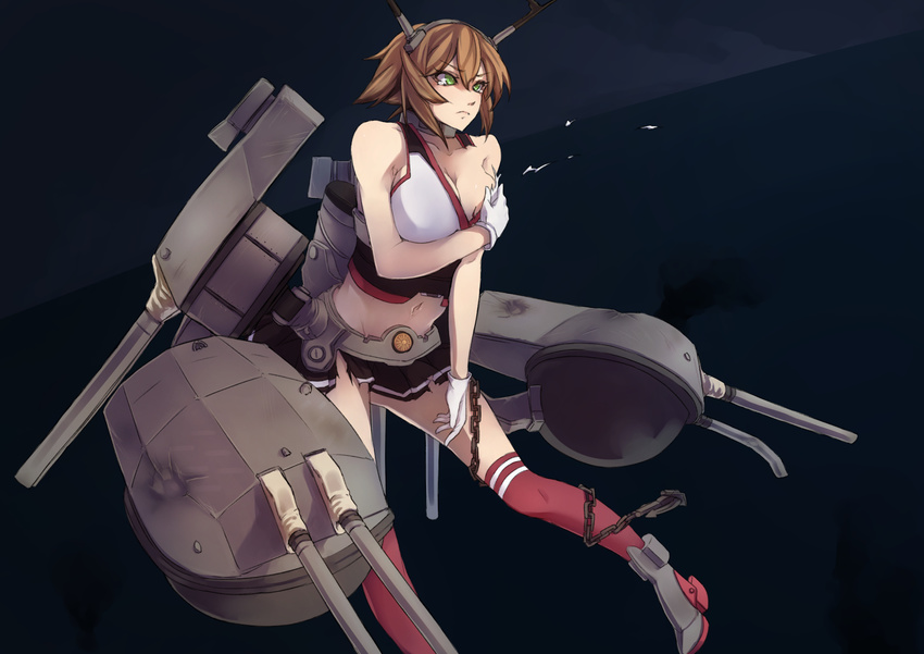 antennae brown_hair cannon chain collarbone gloves green_eyes groin hairband highres kantai_collection kyouya_(mukuro238) miniskirt mutsu_(kantai_collection) navel short_hair skirt sleeveless solo tears torn_clothes turret weapon