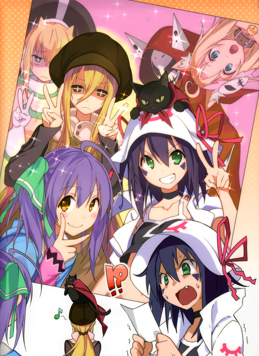 +_+ 1boy 5girls :o absurdres ahoge akiyanagi_miyuki angry animal animal_ears animal_on_head artist_request bell bell_collar blonde_hair blue_eyes brown_eyes cape cat cat_ears cat_on_head clione collar double_v facial_mark fang frown green_eyes grin hair_ribbon hat hat_ribbon highres john_doe_(yumekui_merry) long_hair mask merry_nightmare multiple_girls musical_note on_head photo_(object) ponytail purple_hair ribbon scrunchie short_hair smile source_request sparkle spica_(yumekui_merry) sweat symbol-shaped_pupils tachibana_isana trembling twintails v v-shaped_eyebrows yellow_eyes yumekui_merry