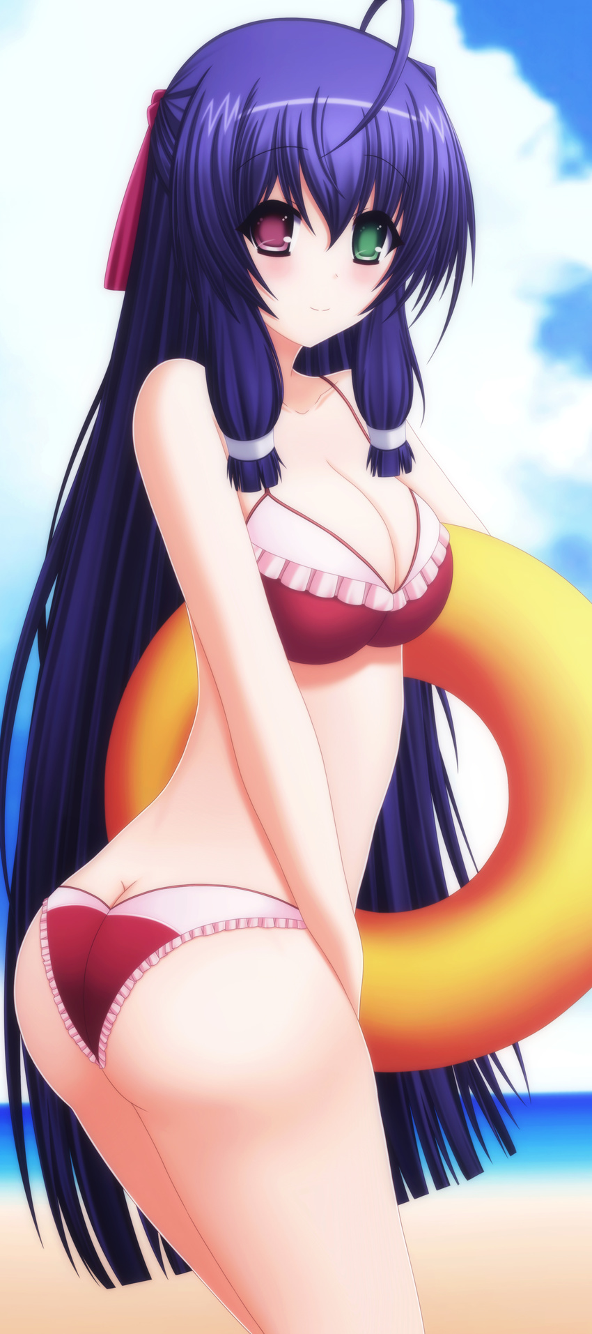 absurdres asama_tomo ass bad_id bad_pixiv_id beach bikini blue_hair breasts butt_crack green_eyes heterochromia highres innertube kyoukaisenjou_no_horizon long_hair medium_breasts p_mayuhime pink_eyes solo swimsuit very_long_hair