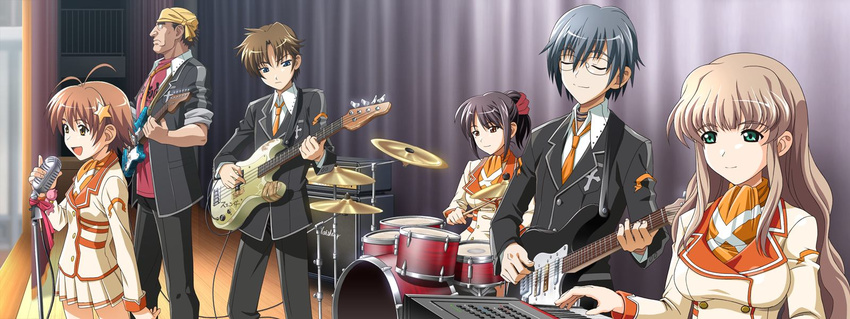 3boys 3girls blue_eyes brown_eyes brown_hair drum drums eyes_closed game_cg glasses green_eyes guitar hair_ornament highres instrument isurugi_chie kashiwara_sarina katakura_shinji kira_kira maejima_shikanosuke multiple_boys multiple_girls murakami orange_eyes purple_hair pussy shiino_kirari side_ponytail tonoya_kenta