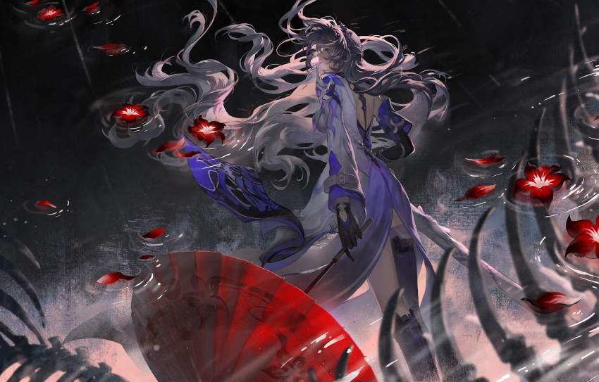 1girl acheron_(honkai:_star_rail) armor asymmetrical_gloves asymmetrical_legwear belt belt_buckle black_background black_belt black_gloves black_hairband buckle cherry_blossoms chinese_commentary closed_mouth coat coat_on_shoulders commentary_request detached_sleeves dress elbow_gloves expressionless eyelashes feet_out_of_frame floating_hair flower gloves grey_hair hairband hei_yu highres holding holding_umbrella honkai:_star_rail honkai_(series) kneehighs leg_belt long_dress long_hair long_sleeves looking_ahead making-of_available oil-paper_umbrella pauldrons petals pointy_nose puddle purple_dress purple_eyes purple_sleeves purple_socks purple_thighhighs red_flower red_umbrella reflection reflection_focus short_sleeves shoulder_armor side_slit single_bare_shoulder single_elbow_glove single_kneehigh single_pauldron single_sock single_thighhigh skeleton sleeve_belt socks solo standing thigh_belt thigh_strap thighhighs umbrella very_long_hair wavy_hair white_belt white_coat wind