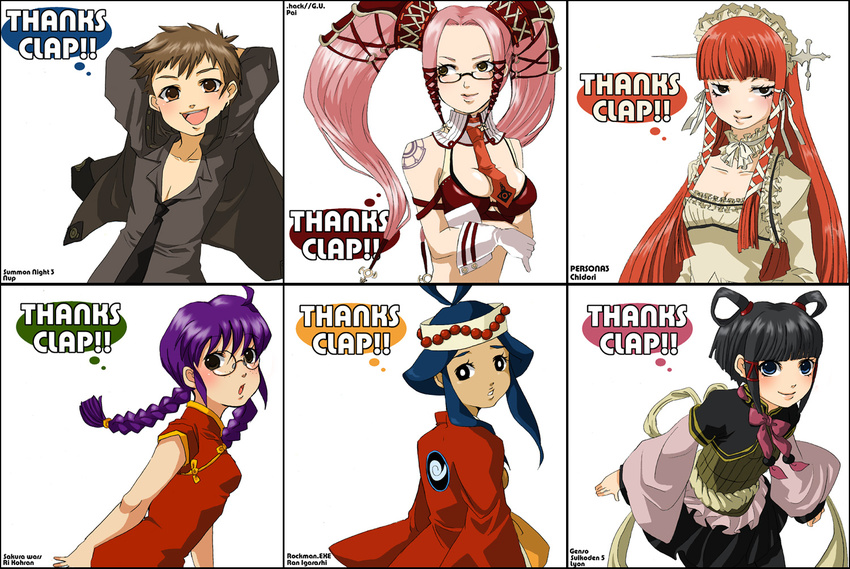 .hack//g.u. 1boy 3girls armor bad_id bad_pixiv_id black_hair blue_eyes blue_hair braid brown_eyes brown_hair china_dress chinese_clothes dress gensou_suikoden gensou_suikoden_v glasses igarashi_ran_(rockman) kero_ko long_hair lyon multiple_girls necktie nup_martini persona persona_3 pi_(.hack//) pink_hair purple_hair red_hair ri_kouran rockman rockman_exe sakura_taisen summon_night summon_night_3 twin_braids twintails yoshino_chidori