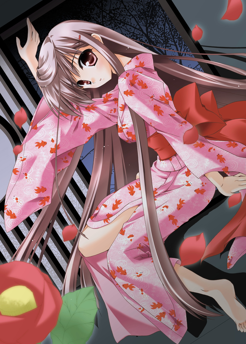 brown_hair copyright_request highres japanese_clothes minase_lin petals red_eyes solo