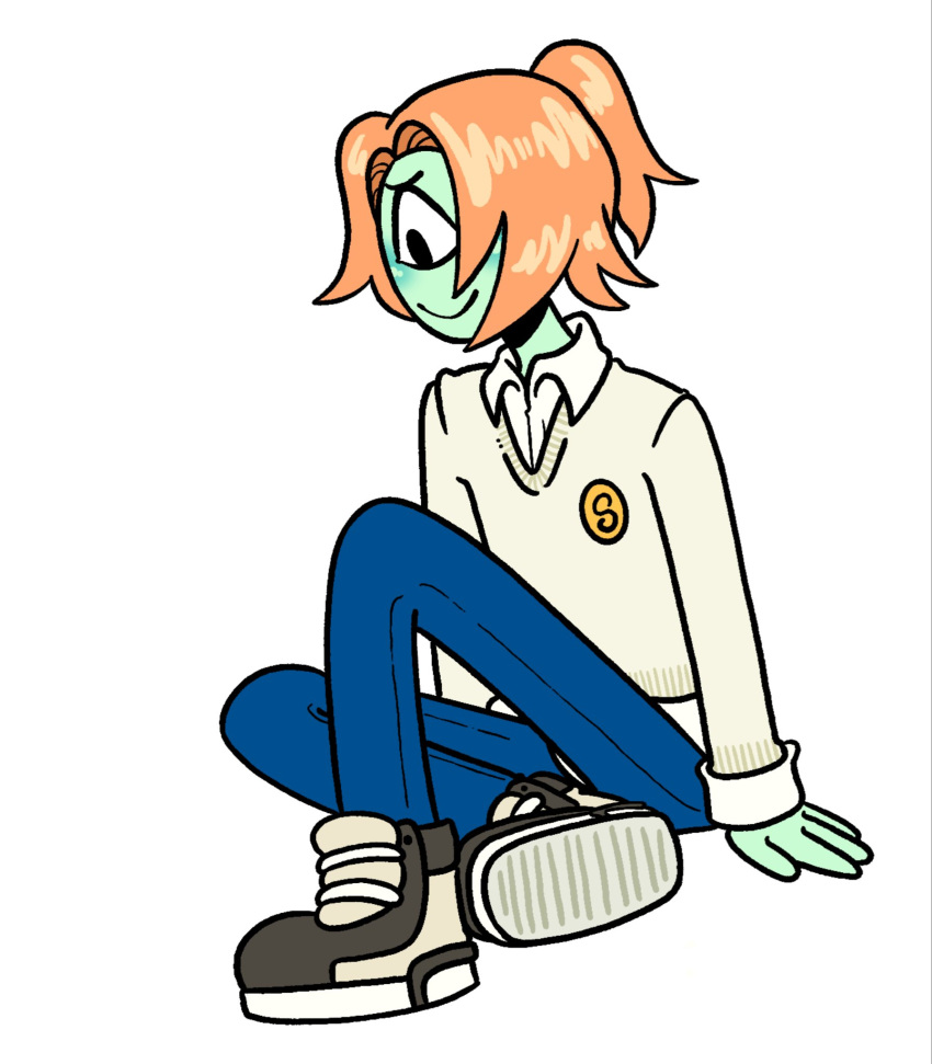 1_eye 2025 4_fingers adventure_time ambiguous_gender blaine_(adventure_time) bottomwear cartoon_network clothing cyclops denim denim_bottomwear denim_clothing digital_drawing_(artwork) digital_media_(artwork) fingers fionna_and_cake footwear green_body green_skin hair hi_res humanoid jeans mouth_closed nonbinary_(lore) orange_hair pants ponytail school_uniform shoes simple_background sitting sketchventures smile sneakers solo sweater teal_body teal_skin topwear uniform white_background