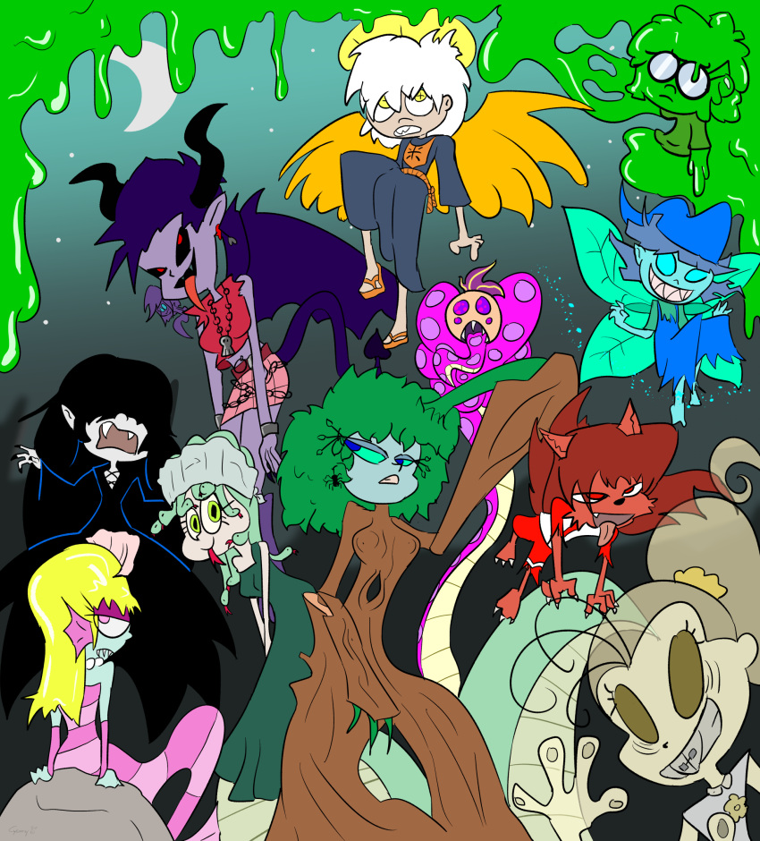 2020 4_fingers after_transformation angel angel_humanoid arachnid arthropod black_claws black_sclera blue_clothing blue_eyes blue_hat blue_headwear blue_sclera brother_(lore) brother_and_sister_(lore) canid canine claws clothing crescent_moon cyanoray digital_drawing_(artwork) digital_media_(artwork) dryad european_mythology eyewear fairy fangs female fingers footwear fur ghost glasses goo_creature goo_humanoid gorgon great_old_one_(h.p._lovecraft) greek_mythology green_body green_eyes green_hair green_scales group hair halloween hat headgear headwear hi_res holidays humanoid jewelry lana_loud leni_loud lily_loud lincoln_loud lisa_loud living_hair lola_loud long_hair looking_at_viewer looking_back looking_back_at_viewer lori_loud luan_loud lucy_loud luna_loud lynn_loud male mammal marine merfolk mermaid_tail mermaidification moon mythological_canine mythological_creature mythology necklace nickelodeon night no_pupils open_mouth orange_clothing orange_footwear orange_sandals orange_wings pink_eyes plant plant_hair ponytail pseudo_hair purple_eyes purple_hair rear_view red_body red_eyes red_fur reptile sandals scales scalie sharp_teeth shoes sibling_(lore) simple_background sister_(lore) sisters_(lore) snake snake_hair spade_tail species_transformation spider spirit split_form succubus tail teeth the_loud_house tongue tongue_out transformation vampire werecanid werecanine werecreature werewolf wings